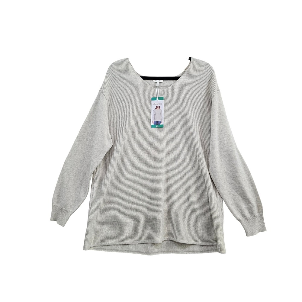 Ella Moss V-Neck Ribbed Knit Sweater Womens XL Oatmeal Beige Long‎ Sleeve New